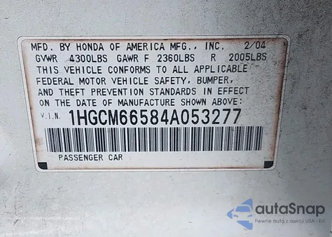 2004 Honda Accord 3.0 Ex from USA, damaged, VIN 1HGCM66584A053277